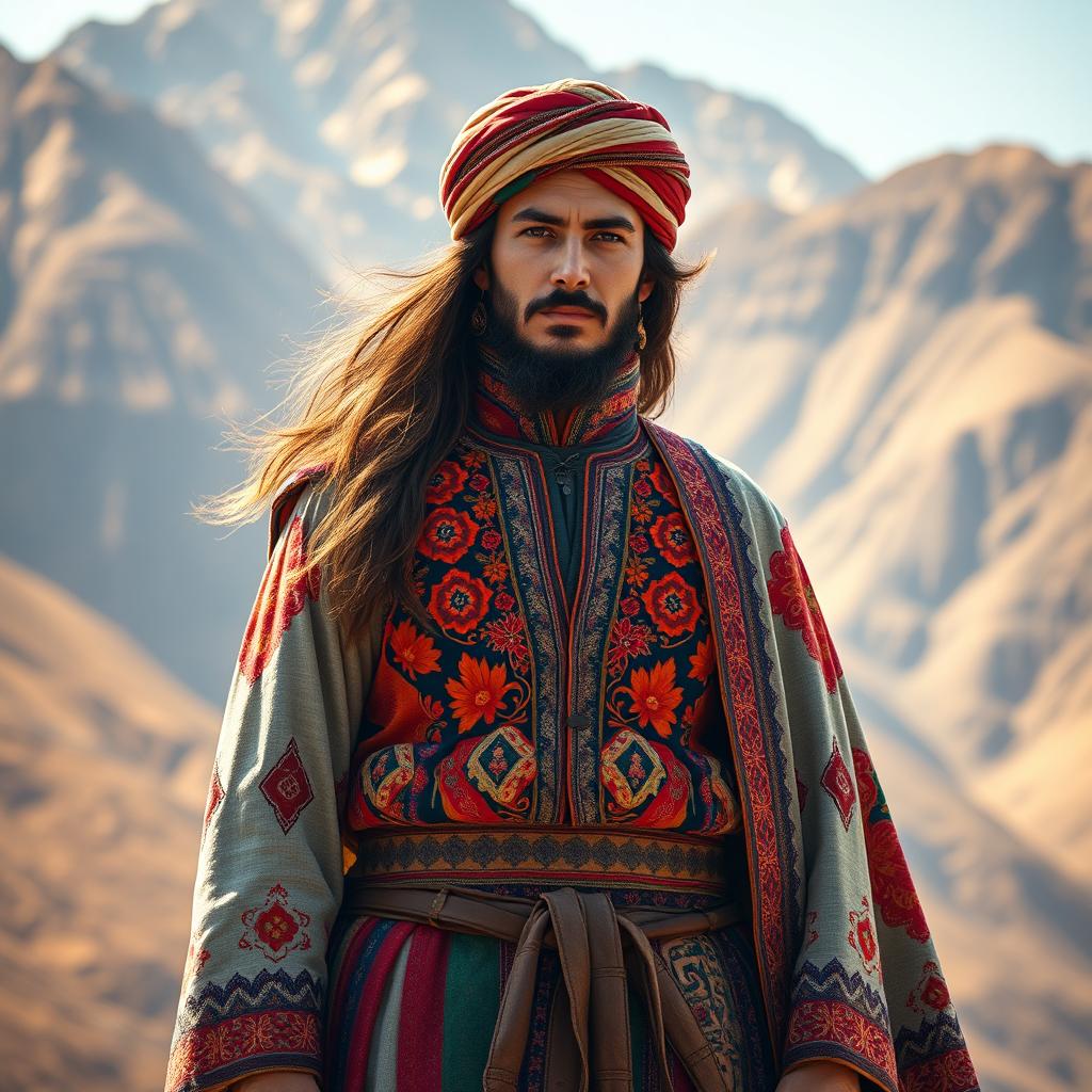 A stunning depiction of a Kurdish king named Diako, wearing traditional Kurdish attire that features vibrant colors and intricate patterns