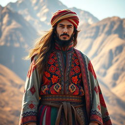 A stunning depiction of a Kurdish king named Diako, wearing traditional Kurdish attire that features vibrant colors and intricate patterns