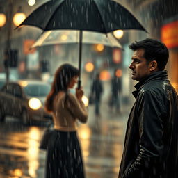 A poignant scene depicting a woman and a man who were once in love, facing a dramatic moment of separation
