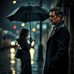 A poignant scene depicting a woman and a man who were once in love, facing a dramatic moment of separation