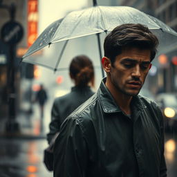 A poignant scene depicting a woman and a man who were once in love, facing a dramatic moment of separation