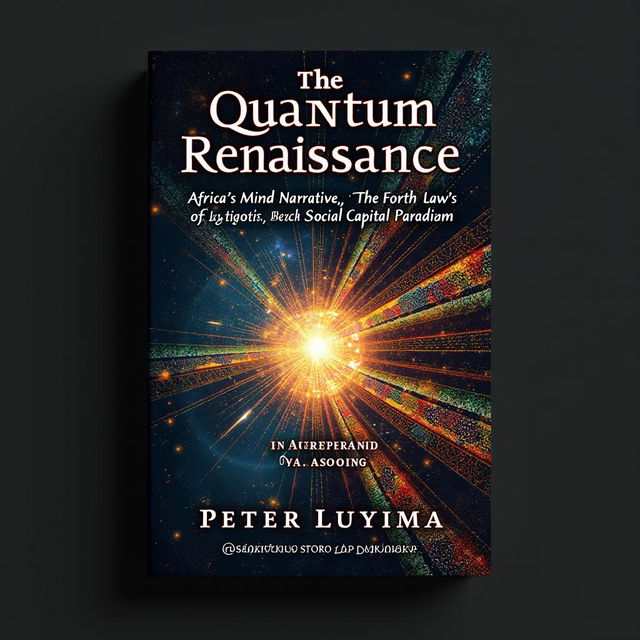 An artistic and scientific book cover design for 'The Quantum Renaissance: Africa’s Mind Narrative, The Fourth Law of Logic, and the Social Capital Paradigm' by Ssemakula Peter Luyima