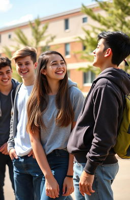A high school scene capturing a moment of friendship where a girl is admiring her boy best friend
