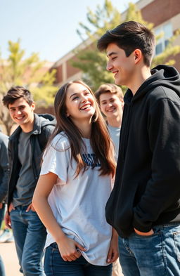 A high school scene capturing a moment of friendship where a girl is admiring her boy best friend