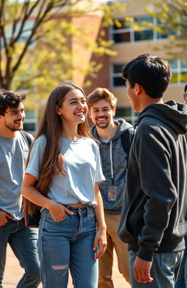 A high school scene capturing a moment of friendship where a girl is admiring her boy best friend