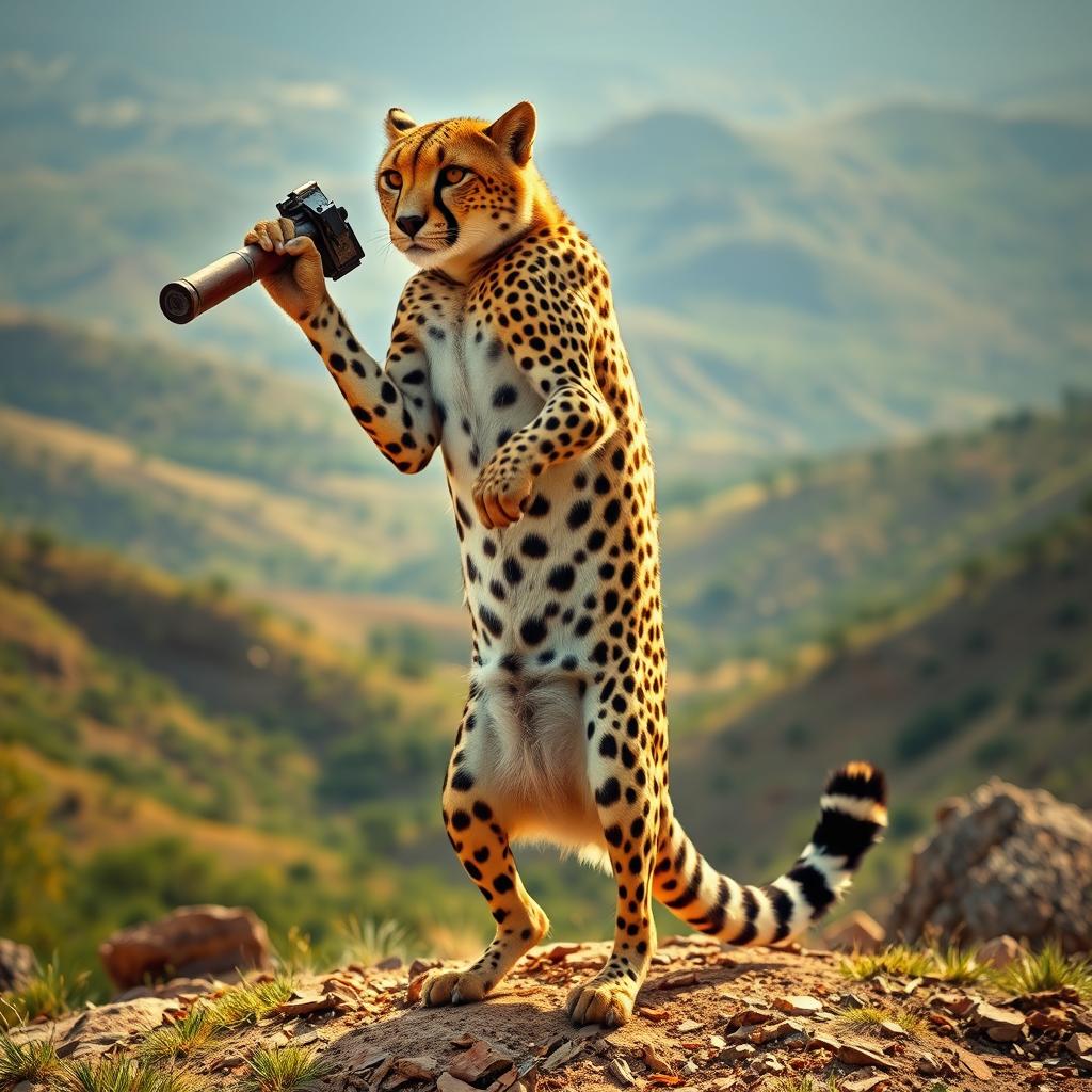 A striking image of an Iranian cheetah standing upright on its two hind legs, confidently wielding a weapon in its paws