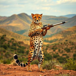 A striking image of an Iranian cheetah standing upright on its two hind legs, confidently wielding a weapon in its paws