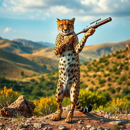 A striking image of an Iranian cheetah standing upright on its two hind legs, confidently wielding a weapon in its paws
