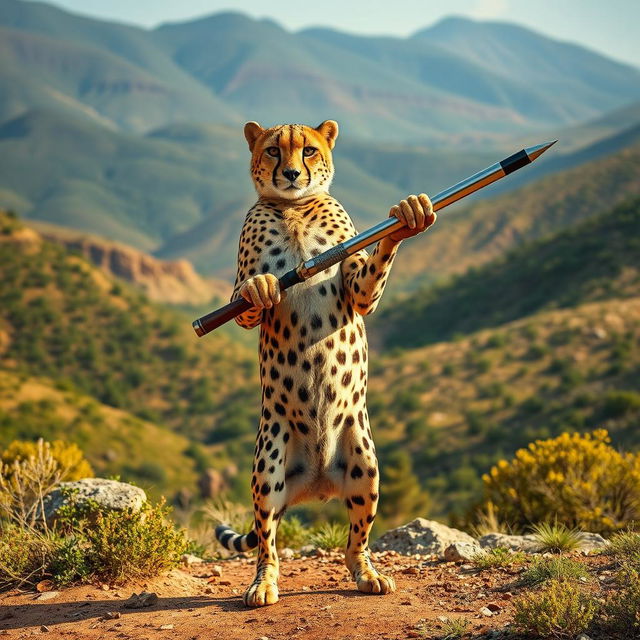 A striking image of an Iranian cheetah standing upright on its two hind legs, confidently wielding a weapon in its paws