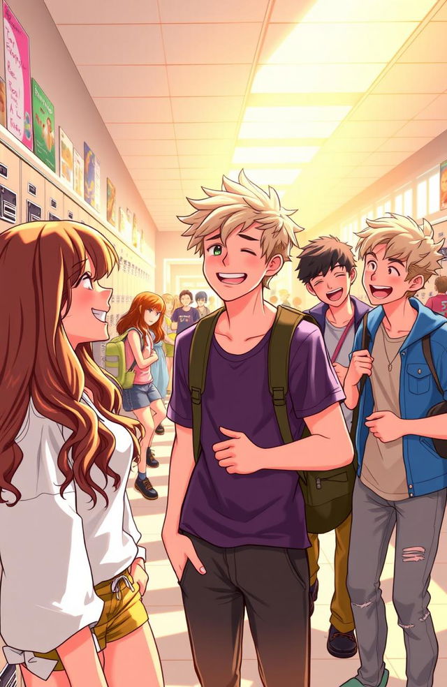 A vibrant highschool scene depicting a girl joyfully admiring her male best friend as he shares a laugh with his group of male friends