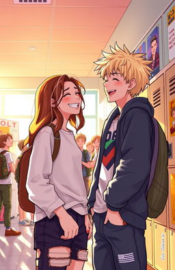 A vibrant highschool scene depicting a girl joyfully admiring her male best friend as he shares a laugh with his group of male friends