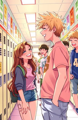 A vibrant highschool scene depicting a girl joyfully admiring her male best friend as he shares a laugh with his group of male friends