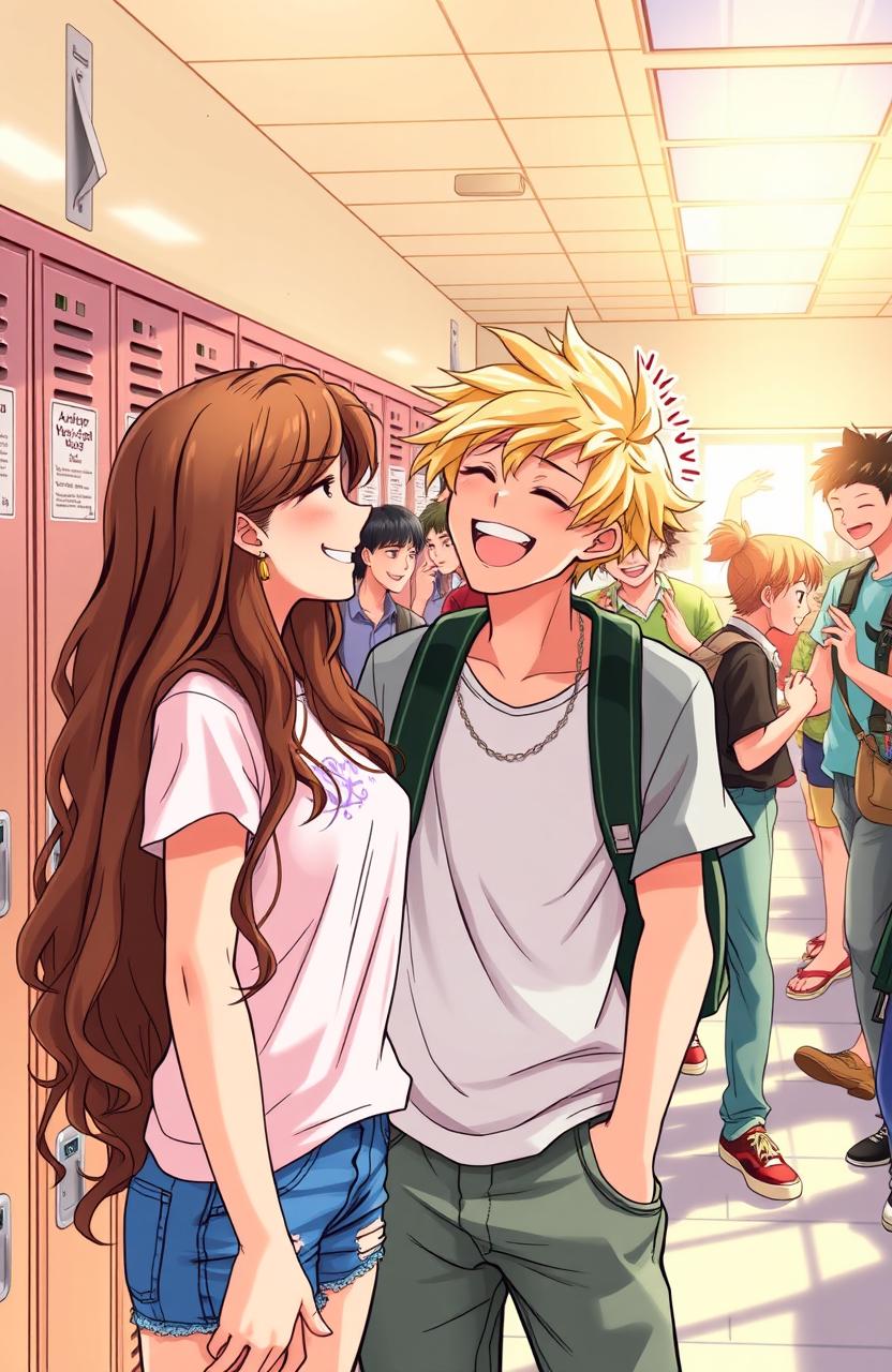 A vibrant highschool scene depicting a girl joyfully admiring her male best friend as he shares a laugh with his group of male friends