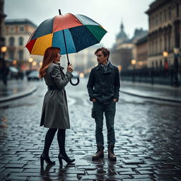 A poignant scene depicting a man and a woman in a moment of bittersweet farewell on a rainy day