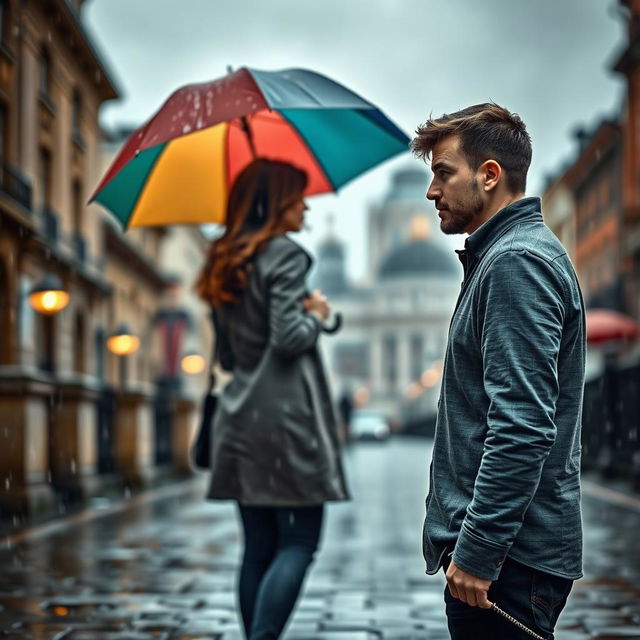 A poignant scene depicting a man and a woman in a moment of bittersweet farewell on a rainy day