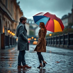 A poignant scene depicting a man and a woman in a moment of bittersweet farewell on a rainy day