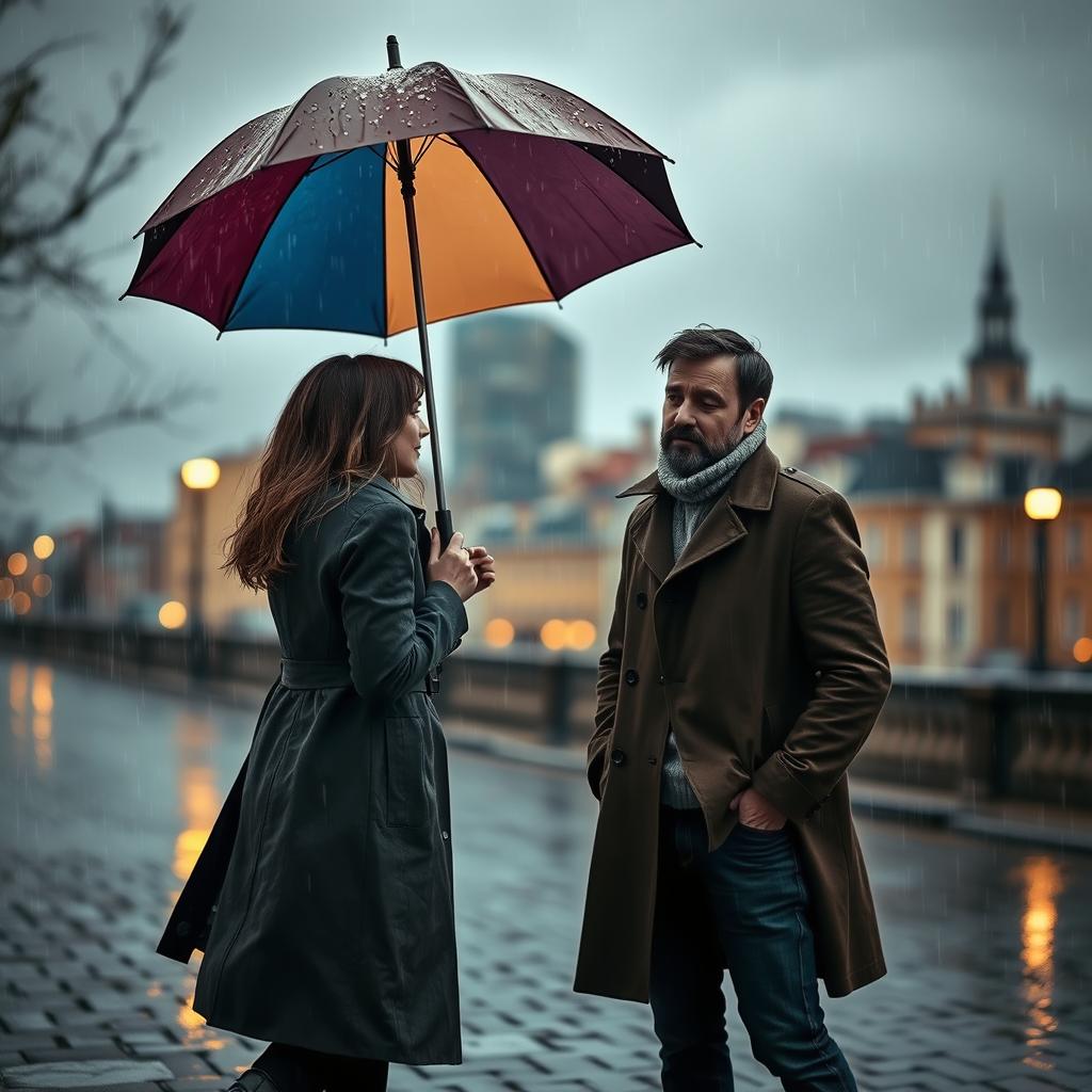 A poignant scene depicting a man and a woman in a moment of bittersweet farewell on a rainy day