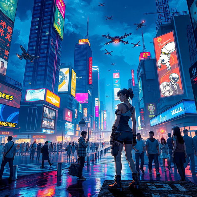 A vibrant cyberpunk cityscape illuminated at night, featuring towering neon skyscrapers with glowing advertisements, flying vehicles weaving through the air, and a crowded street filled with diverse characters in futuristic attire