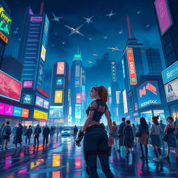A vibrant cyberpunk cityscape illuminated at night, featuring towering neon skyscrapers with glowing advertisements, flying vehicles weaving through the air, and a crowded street filled with diverse characters in futuristic attire