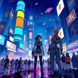 A vibrant cyberpunk cityscape illuminated at night, featuring towering neon skyscrapers with glowing advertisements, flying vehicles weaving through the air, and a crowded street filled with diverse characters in futuristic attire