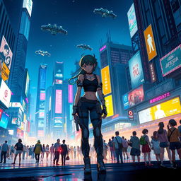 A vibrant cyberpunk cityscape illuminated at night, featuring towering neon skyscrapers with glowing advertisements, flying vehicles weaving through the air, and a crowded street filled with diverse characters in futuristic attire