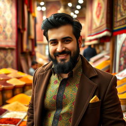 A stylish Iranian man with a well-groomed beard, wearing a traditional Persian outfit with modern touches
