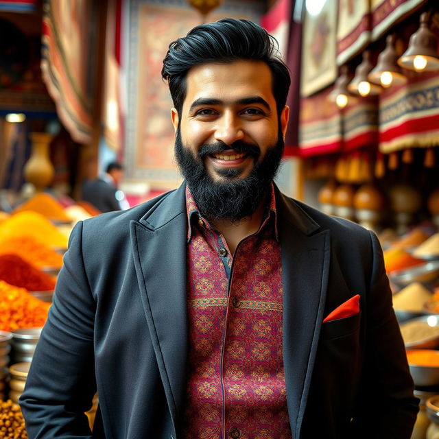 A stylish Iranian man with a well-groomed beard, wearing a traditional Persian outfit with modern touches