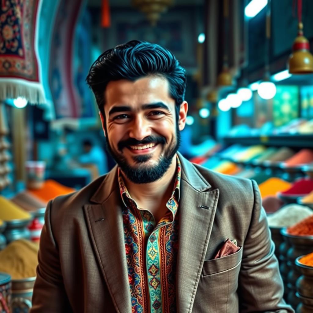 A stylish Iranian man with a well-groomed beard, wearing a traditional Persian outfit with modern touches