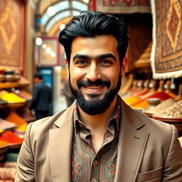 A stylish Iranian man with a well-groomed beard, wearing a traditional Persian outfit with modern touches