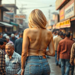 A striking blonde woman standing with her back to the viewer, showcasing her big breasts and an alluring big round ass, exuding confidence