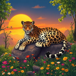 A fantastical illustration of an Iranian leopard, showcasing its graceful form amidst a lush, vibrant landscape