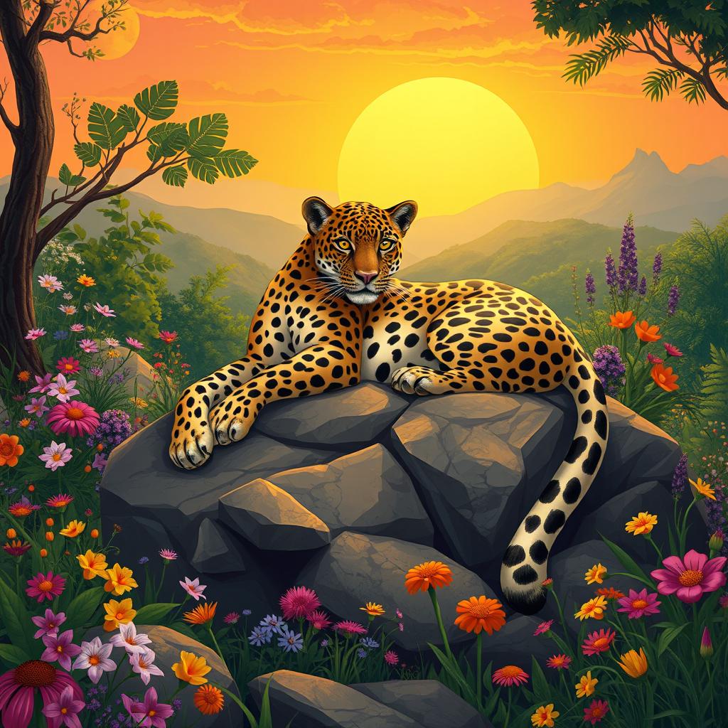 A fantastical illustration of an Iranian leopard, showcasing its graceful form amidst a lush, vibrant landscape
