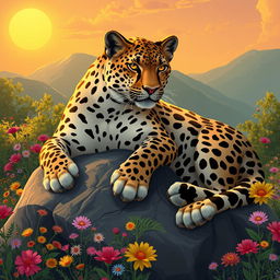 A fantastical illustration of an Iranian leopard, showcasing its graceful form amidst a lush, vibrant landscape