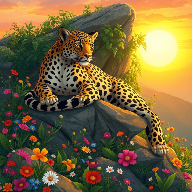 A fantastical illustration of an Iranian leopard, showcasing its graceful form amidst a lush, vibrant landscape