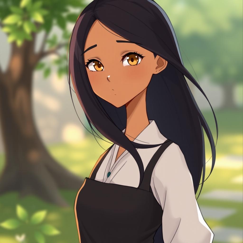 A slender girl with wheat-colored skin, long black hair, and honey-colored eyes