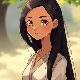 A slender girl with wheat-colored skin, long black hair, and honey-colored eyes