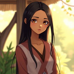 A slender girl with wheat-colored skin, long black hair, and honey-colored eyes