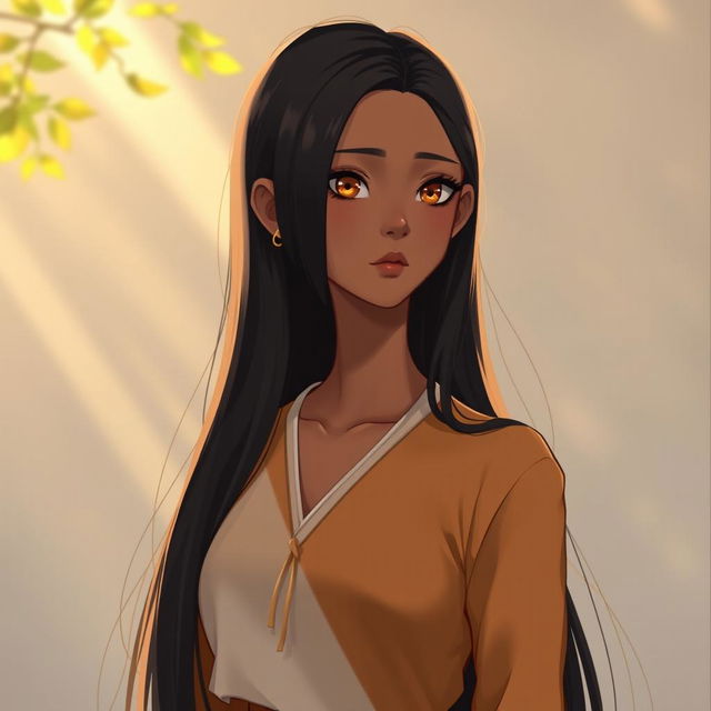 A slender girl with wheat-colored skin, long black hair, and honey-colored eyes