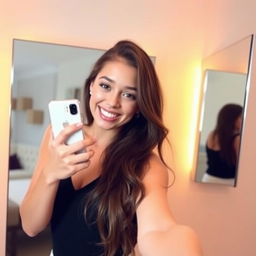 A beautiful girl taking a selfie in front of a wall mirror, with a bright smile and stylish outfit