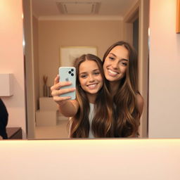 A beautiful girl taking a selfie in front of a wall mirror, with a bright smile and stylish outfit