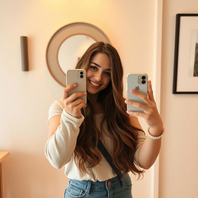 A beautiful girl taking a selfie in front of a wall mirror, with a bright smile and stylish outfit