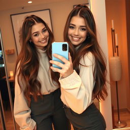 A beautiful girl taking a selfie in front of a wall mirror, with a bright smile and stylish outfit