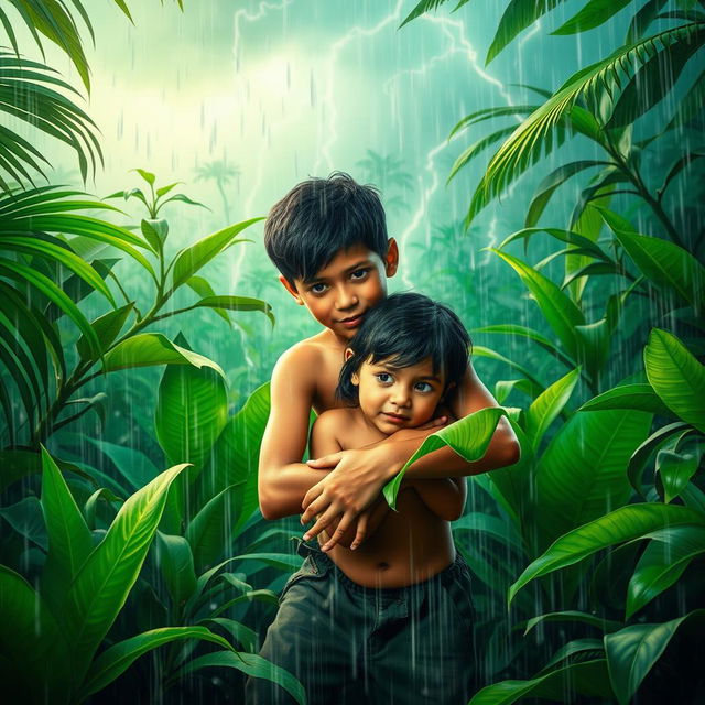 In a vibrant jungle scene, a brave young boy lovingly shelters his younger sister during a fierce tropical storm
