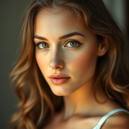 A beautiful young woman with captivating honey-colored eyes and a glowing golden skin tone