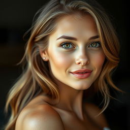 A beautiful young woman with captivating honey-colored eyes and a glowing golden skin tone