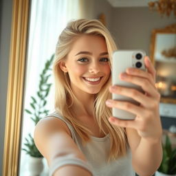 A beautiful blonde girl taking a selfie in front of a wall mirror, displaying a joyful expression