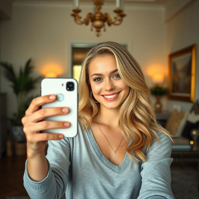 A beautiful blonde girl taking a selfie in front of a wall mirror, displaying a joyful expression