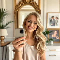 A beautiful blonde girl taking a selfie in front of a wall mirror, displaying a joyful expression