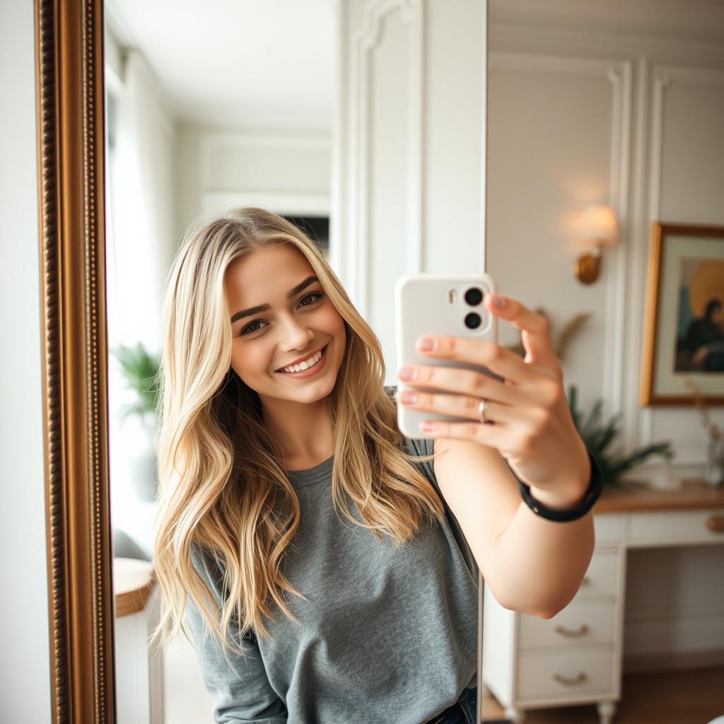 A beautiful blonde girl taking a selfie in front of a wall mirror, displaying a joyful expression