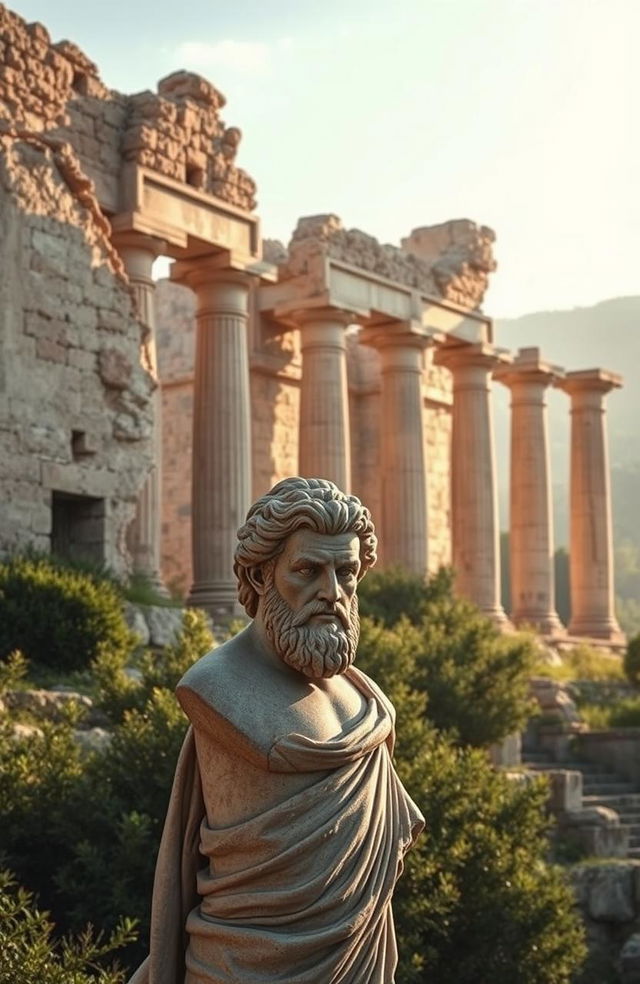 An artistic representation of ancient ruins, showcasing crumbling stone walls and weathered columns bathed in soft, warm sunlight